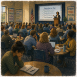 Staff meeting where one teacher stays quiet while others discuss.
